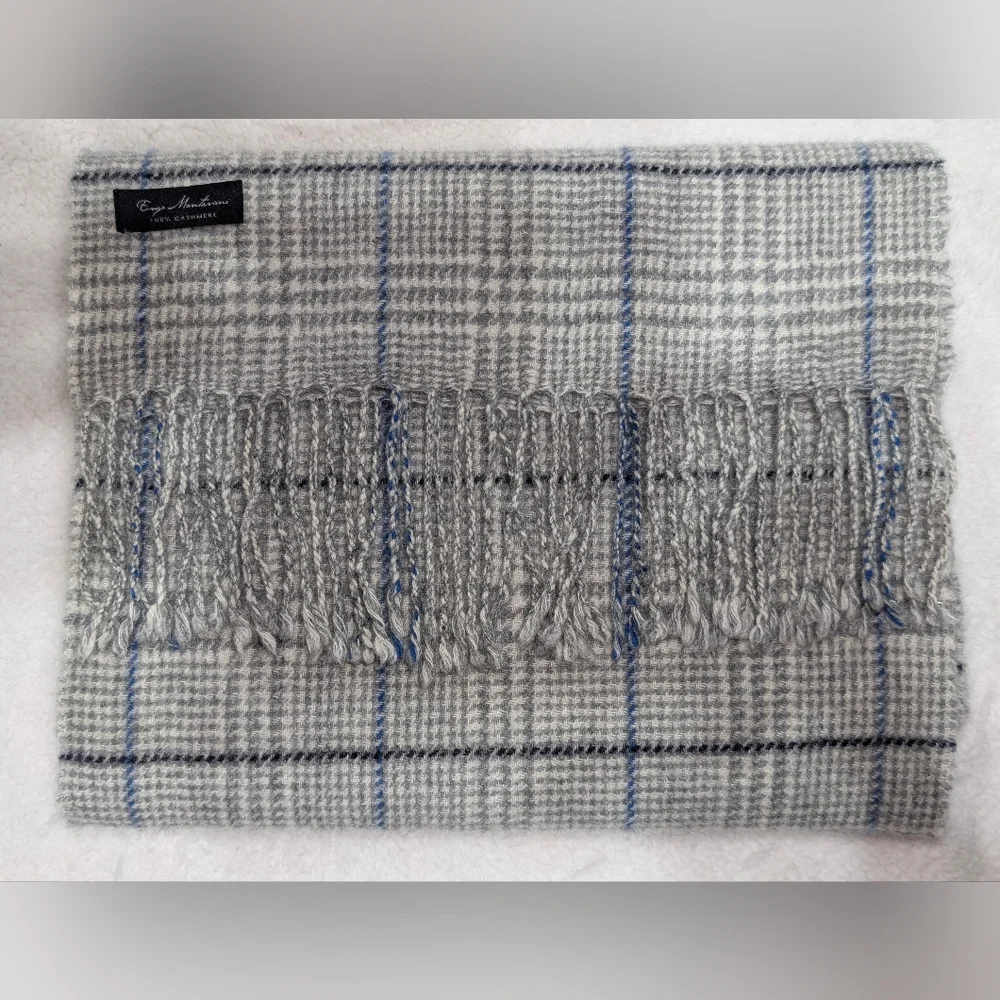 Enzo Mantovani Gray Blue Unisex 100% Cashmere Plaid Scarf